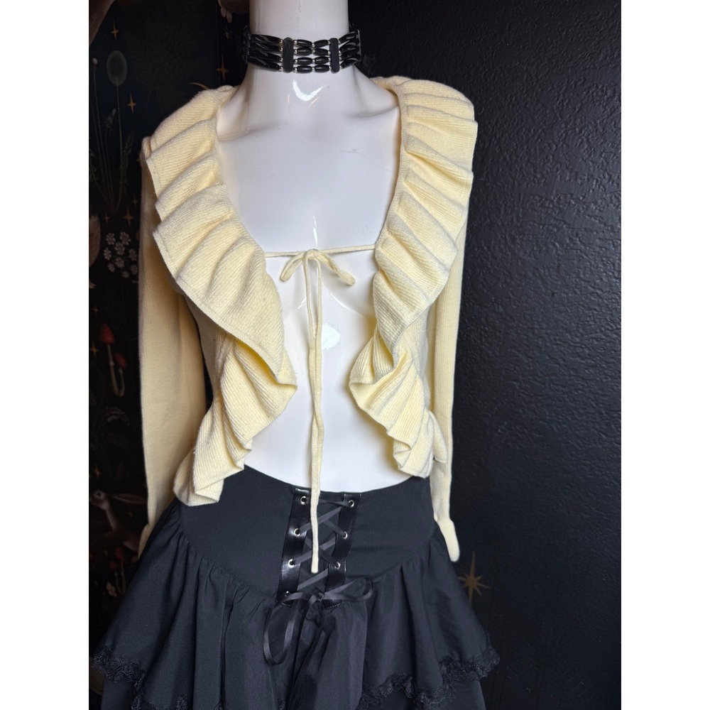 Pink Rose Pale Yellow Ruffle Ribbed Cardigan Tie Front Long Sleeve Crop Top L
